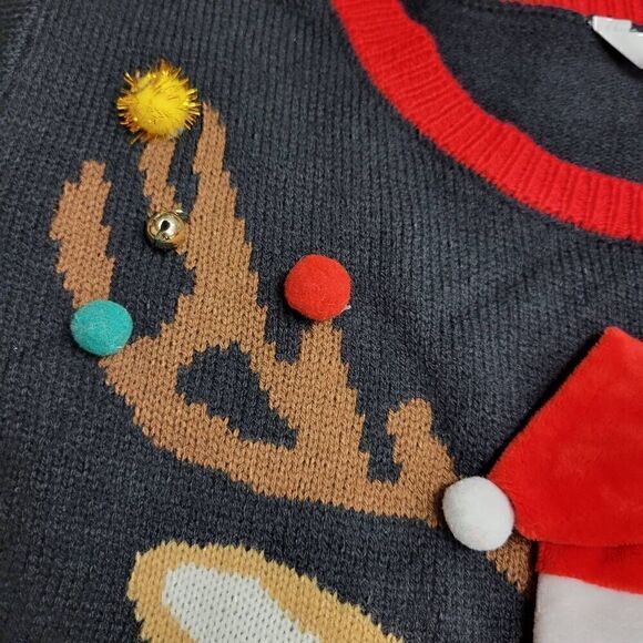 Ugly Christmas Sweater Party Contest Winner Reindeer Sequins Jingle Bells - Picture 5 of 11